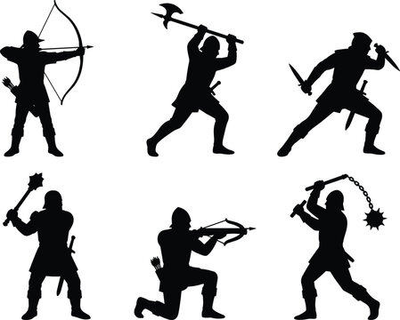 Fantasy Warrior Silhouette Set with Archer Rogue and Medieval Weapons