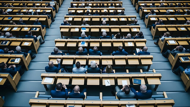 Government Assembly Hall with Rows of Seated Delegates.