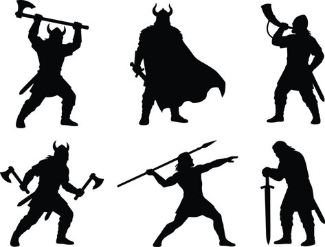Viking Warrior Silhouette Set with Axes Spears Horns and Battle Poses
