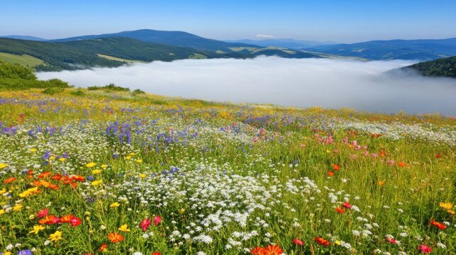 Vibrant Alpine Meadow Above Clouds