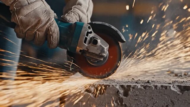 Professional worker using power angle grinder to cut stone with bright orange sparks flying in industrial workshop