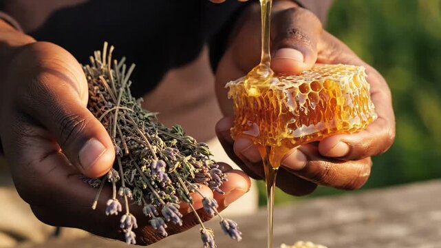Close-up of hands holding fresh honeycomb and lavender sprigs.