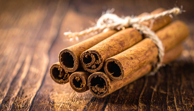Cinnamon Sticks on Wooden Surface: A close-up shot reveals a bundle of dried cinnamon sticks tied with twine, resting on a rustic wooden background, showcasing the warm.