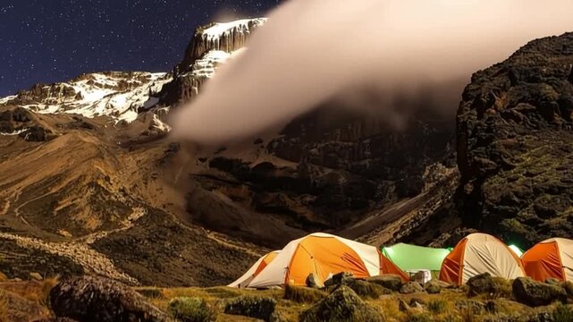 Mount Kilimanjaro. Kilimanjaro National Park in Tanzania, Africa. Trekking and climbing to the summit. Time lapse. Night video in starry sky. Tent