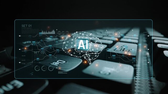 AI neural network and data processing system visualizing artificial intelligence with brain structure, chip, and connected data blocks for computation and learning Marrow