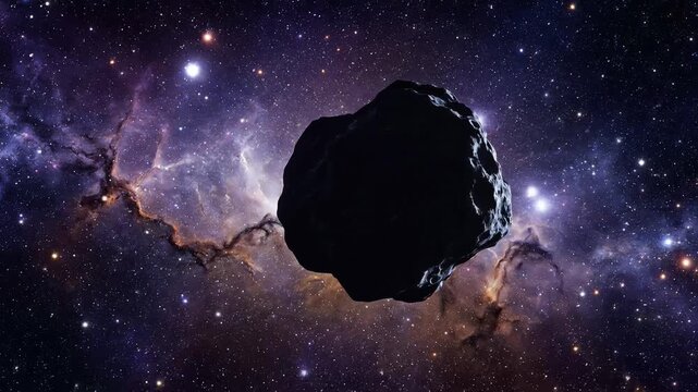 Cosmic asteroid drifting through deep space nebula with glowing stars and infinite galactic background motion