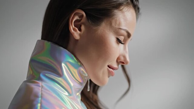 Profile of a young woman wearing a futuristic iridescent holographic high collar jacket in a studio