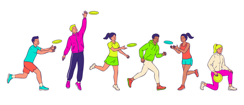 People playing ultimate frisbee vector illustration set of active diverse young friends throwing flying disc outdoor sport game lifestyle characters isolated on white background athletic team training