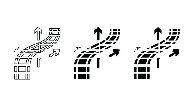 Rail track switch and route selection icons with directional arrows pathway choices and navigation junction concepts