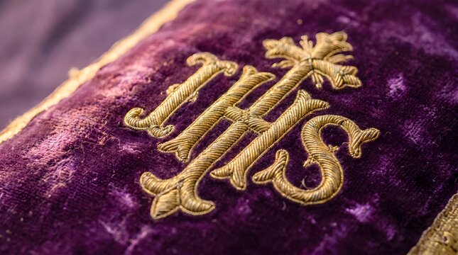 Liturgical Stole Gold Thread Embroidery IHS Cross Motif Purple Vestment Macro Sacred Artisan