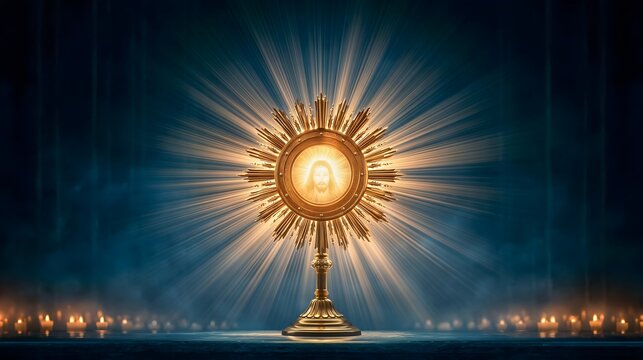 Gold Monstrance Radiating Light in Dark Adoration Chapel Mystical Votive Candles Night