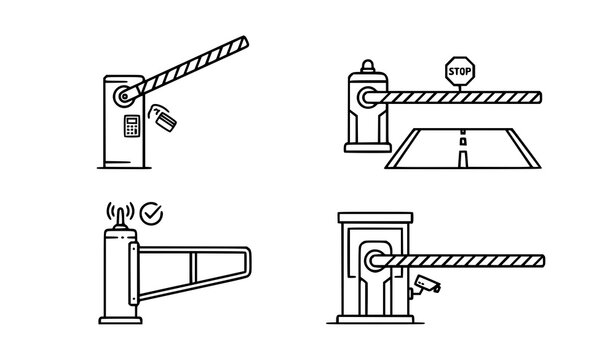 Four barrier gate outline icons vector set with access control checkpoint symbols
