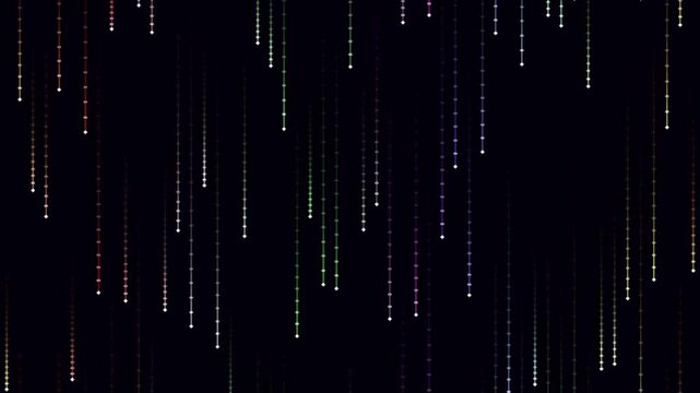Abstract colorful digital data stream particles falling on dark background with neon glow