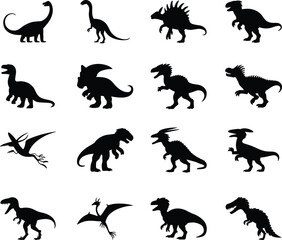Collection of sixteen prehistoric dinosaur silhouettes including t-rex brachiosaurus and flying pterodactyls for graphic design © Sree