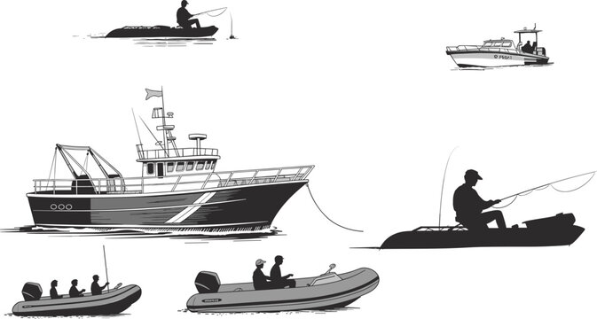 Black and white vector illustration set of fishing boats, inflatable dinghies, commercial trawlers, and fishermen on the water