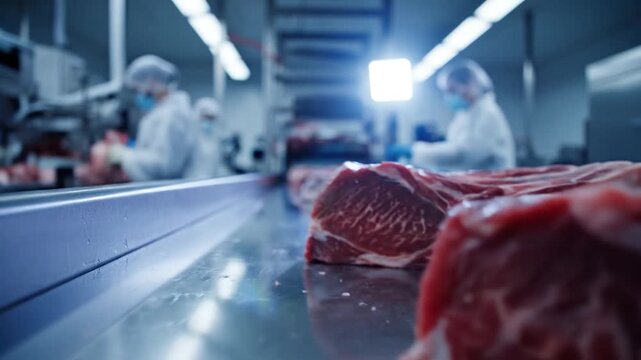 Raw beef steaks on a conveyor belt in a modern industrial meat processing facility with workers in protective gear