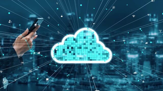 Explore the visual representation of cloud computing technology as a smartphone interacts with a digital cloud, symbolizing data transfer and connectivity in a modern urban environment. Xenic