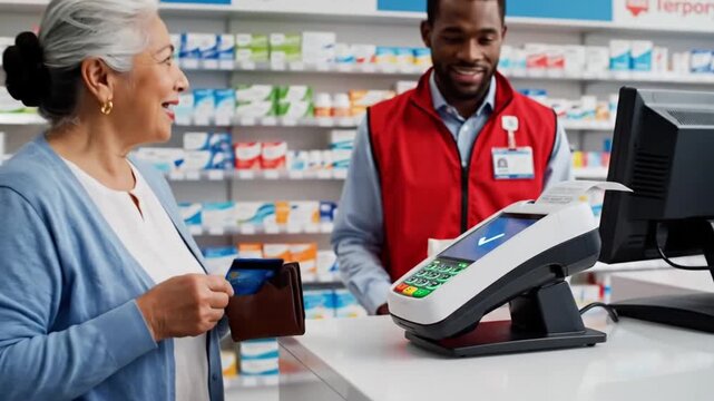 Woman pays with NFC credit card at pharmacy checkout in a busy store