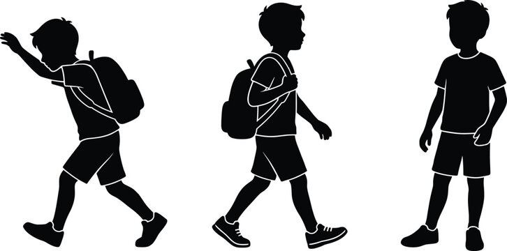 Black silhouette collection of children with backpacks walking and standing in dynamic school and education activity poses