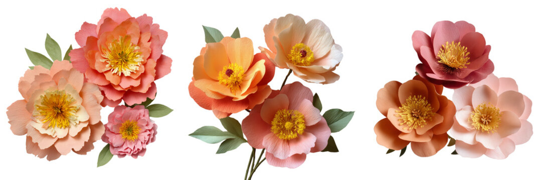 Set of A stylish composition of modern paper floral art with mixed coller and soft pastel tones on transparent png background. Ai generated