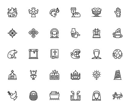 Christianity icon set. Minimalist vector icons pack. Featuring Bush, Angel, Helmet, Chalice, Cross, Bible, Noah Ark, Church, Priest, Commandments, Miracle, and more.