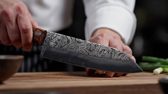 Hand holding knife during food preparation at VSRExport kitchen with green onions in background