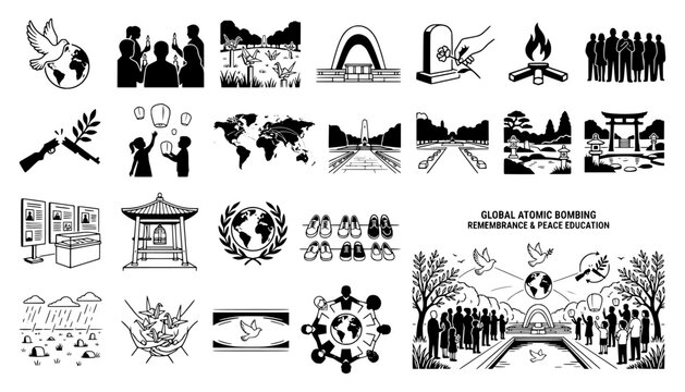 Peace education and global remembrance icon set isolated on white. Silhouette and line art illustrations of peace doves, monuments, memorials, world unity, and anti-war concepts.