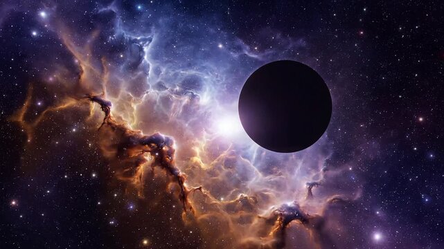 Cosmic black hole eclipse moving through glowing nebula clouds in deep space galaxy exploration cinematic footage