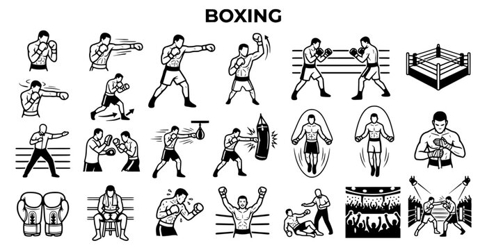 Boxing sports icon element set isolated on white. Retro line art illustrations of boxers, boxing gloves, ring, punch bag, and sparring matches for fight club and fitness training design.