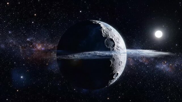 Cosmic moon eclipse transitioning in deep space with glowing starry galaxy background cinematic sci fi view