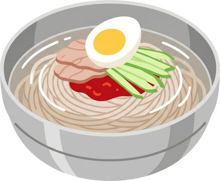 korean cold noodles mul naengmyeon in a stainless steel bowl with spicy sauce cucumber and egg