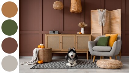 Cozy autumn living room interior with husky dog, fall decor, and warm earth tones © Pixel-Shot