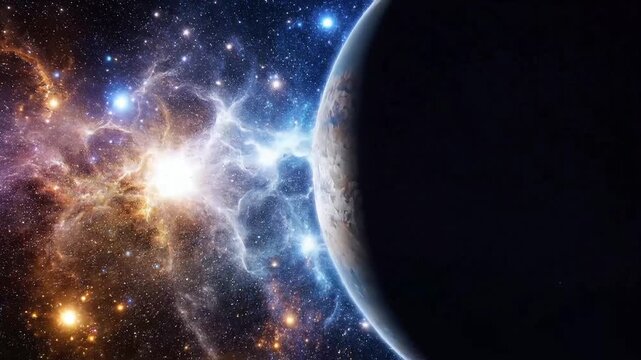 Cosmic eclipse over glowing nebula and alien earth planet in deep space cinematic motion background