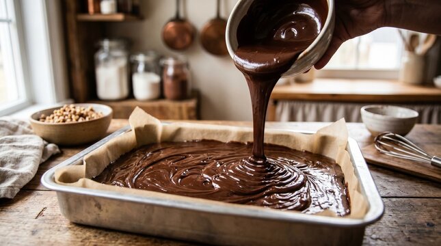 Pouring rich chocolate batter into a baking pan lined with parchment paper in a rustic kitchen, preparing homemade brownies or cake