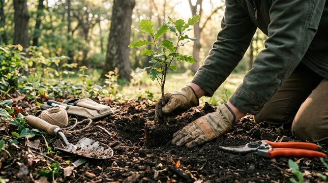 Close-up of hands in gloves planting a young oak tree sapling in the forest soil with gardening tools nearby, reforestation and environmental conservation concept