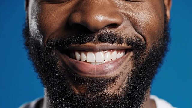 Young male smiles at camera with clear blue background, capturing a moment of joy and connection in his expression with soft lighting
