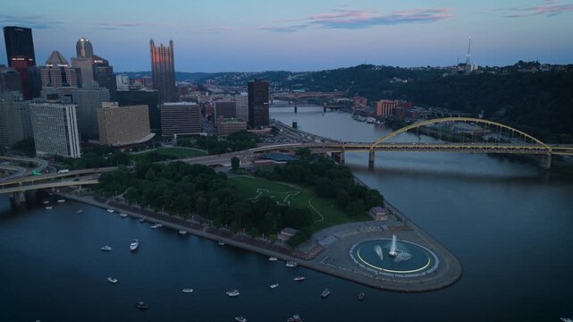 dusk orbiting counter clockwise around downtown Pittsburgh skyline