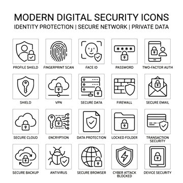 Modern Digital Security Icons Protecting Identity Network and Private Data