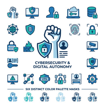Cybersecurity and Digital Autonomy Icons with Raised Fist Symbol