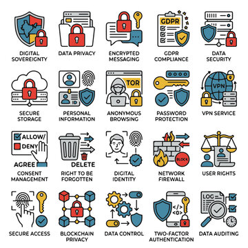 Digital Sovereignty and Data Privacy Security Icons for Cybersecurity Concept