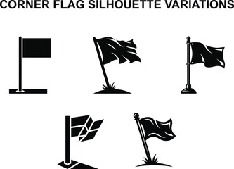 Football Corner Flag Silhouette Graphics: Black Vector Icons of Field Corner Flags in Minimalist, Waving, and Polygonal Styles © MdSium