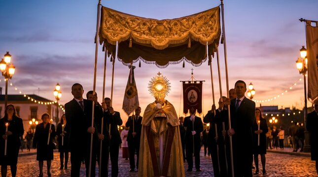 Processional Canopy Over Gold Monstrance Outdoor Evening Eucharistic Procession Dusk Festive