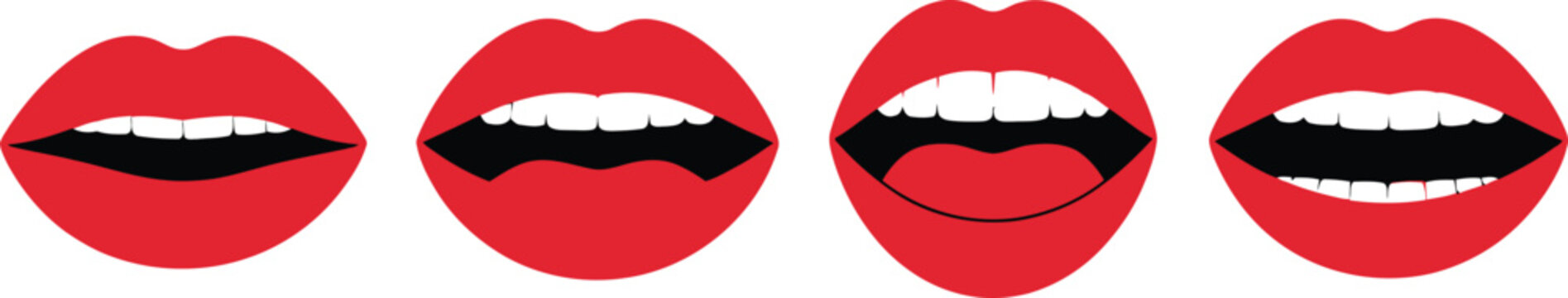 Lips vector illustration of red mouth silhouette set with teeth and smile expression for lipstick cosmetics logo and dental healthcare packaging design concept