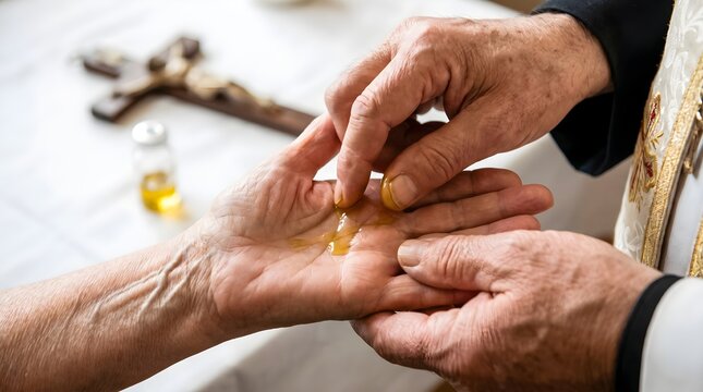 Priest Anointing Elderly Person Hand with Holy Oil Anointing of Sick Sacrament Close-Up