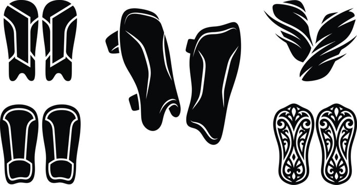 High-Contrast Soccer Protection Gear Icon Set: Clean Vector Graphic Bundle of Athletic Shin Guards and Safety Symbols Isolated on White Background
