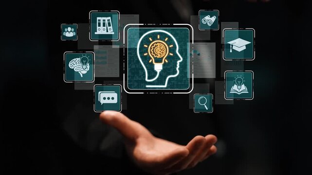 Abstract representation of digital learning and knowledge acquisition with glowing icons symbolizing education, brain, ideas, and technology in modern interface style Sigmoid