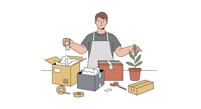 Man wearing an apron holding items.