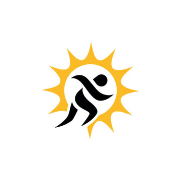 Running and Sun Logo Icon Design, Golden Run Logo Illustration