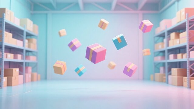 パステルカラーのクリーンな倉庫の空間で空中に浮かぶカラフルな箱の3Dイラスト、物流のコンセプトイメージ