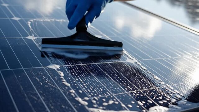 Close-up of person cleaning solar panels with a squeegee and soap.